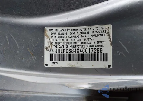 2004 Honda Cr-V Lx z USA, uszkodzony, nr VIN JHLRD684X4C017269
